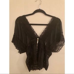 Black sheer lace top with shell button detail